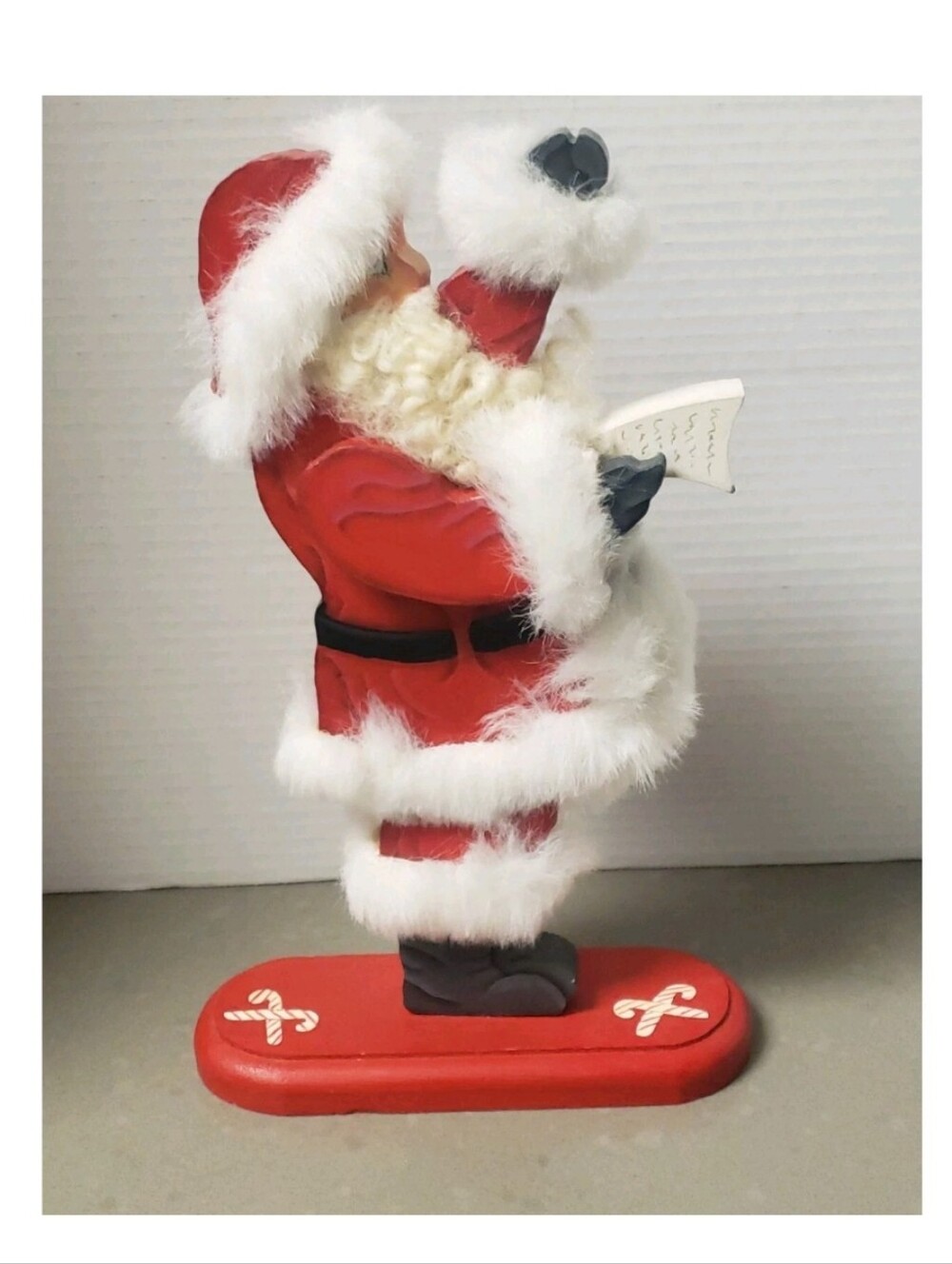 Vintage Wooden Hand Painted Faux Fur Trim Santa Mantle Figurine